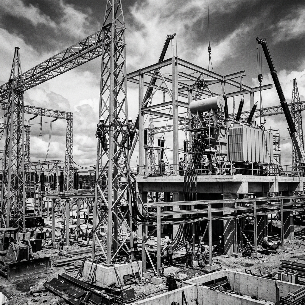 Electrical substation construction with heavy steel infrastructure